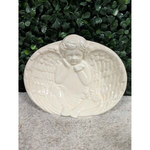 Vintage Cream Ceramic Cherub Angel Soap Dish Peach Tone Winged Decorative Tray
